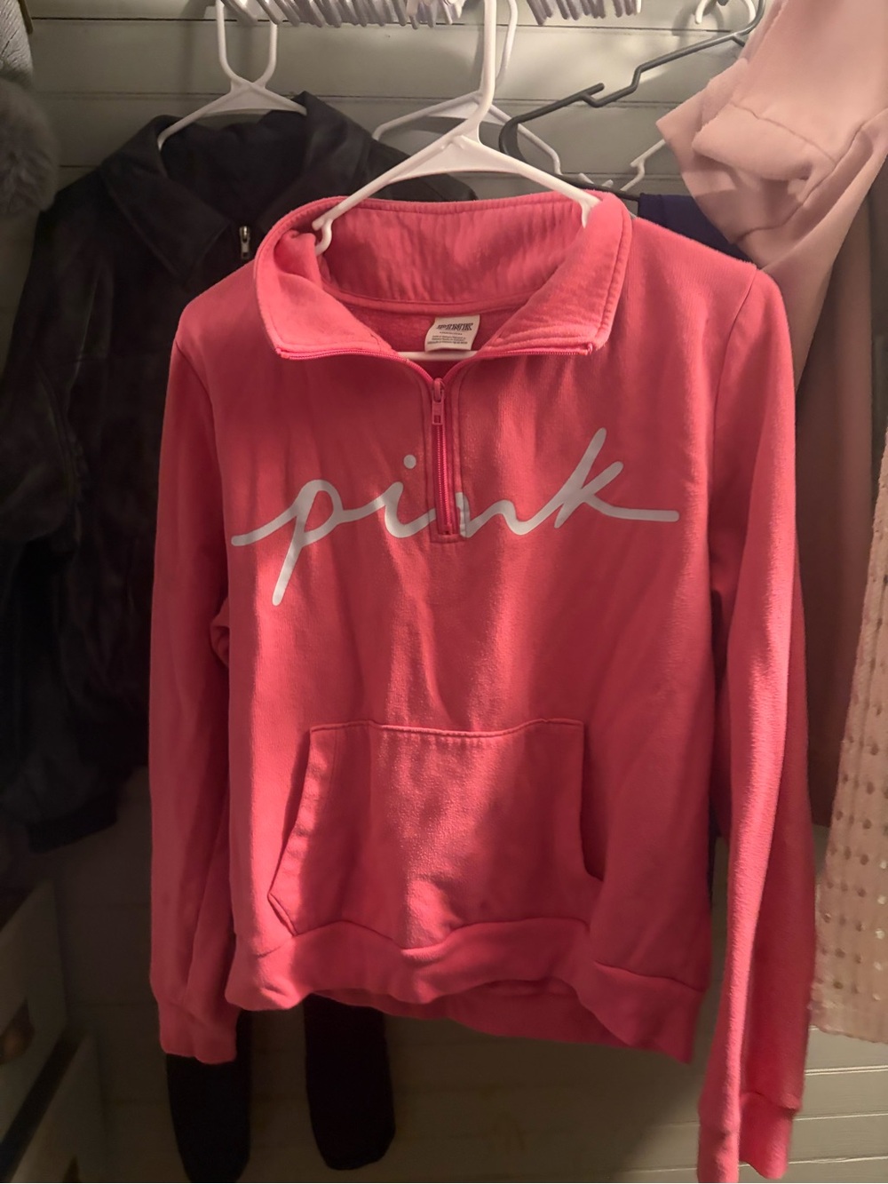 PINK Victoria's Secret Coral Half-Zip Pullover with White Script